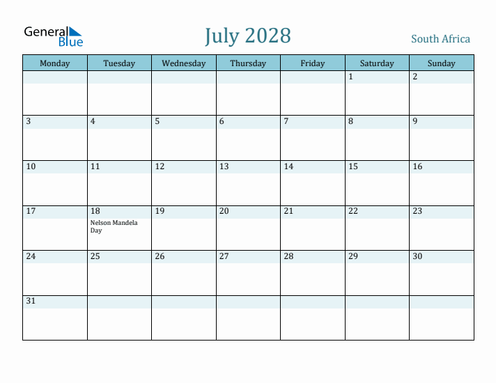 July 2028 Calendar with Holidays