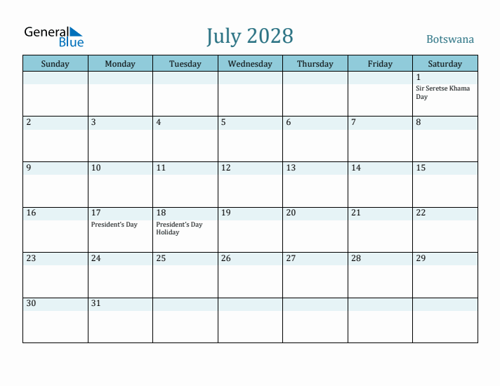 July 2028 Calendar with Holidays