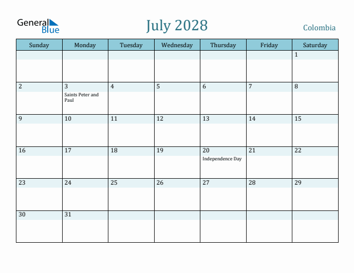 July 2028 Calendar with Holidays