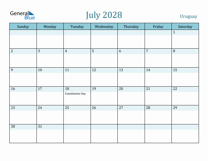 July 2028 Calendar with Holidays