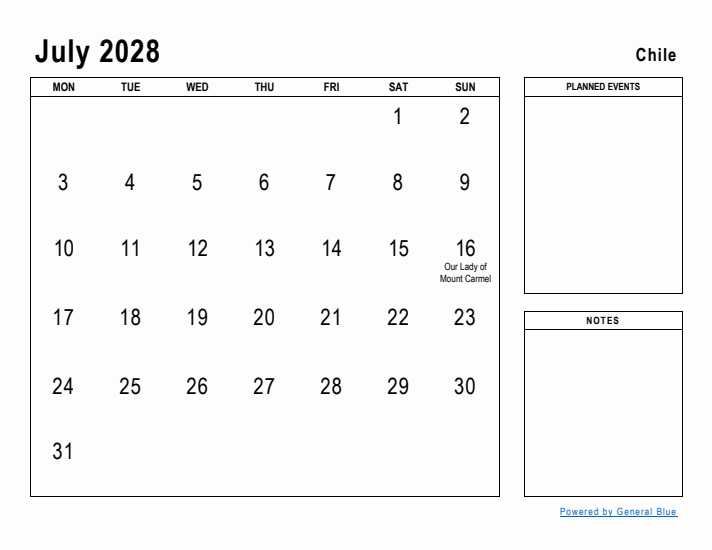 July 2028 Printable Monthly Calendar with Chile Holidays