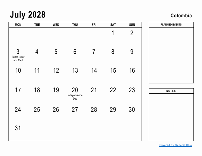 July 2028 Printable Monthly Calendar with Colombia Holidays