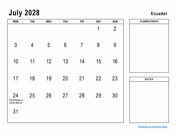 July 2028 Printable Monthly Calendar with Ecuador Holidays