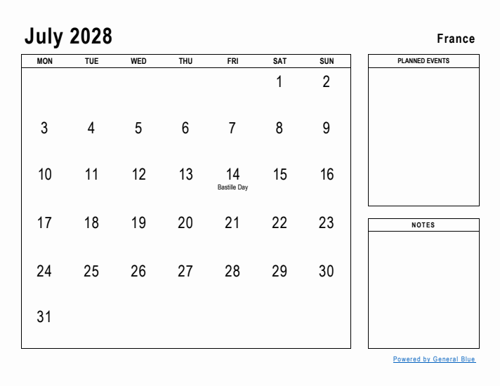 July 2028 Printable Monthly Calendar with France Holidays