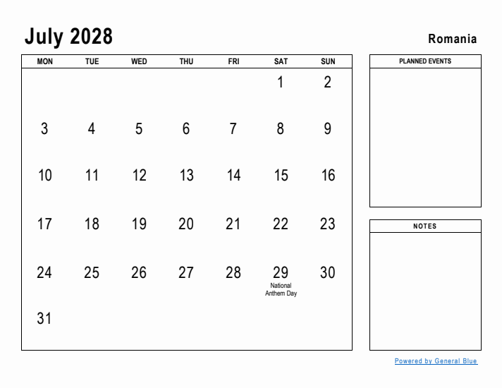 July 2028 Printable Monthly Calendar with Romania Holidays