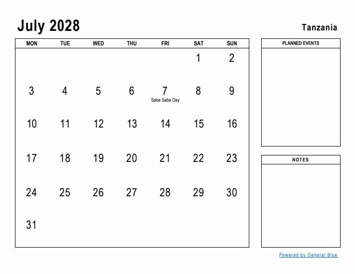 July 2028 Printable Monthly Calendar with Tanzania Holidays