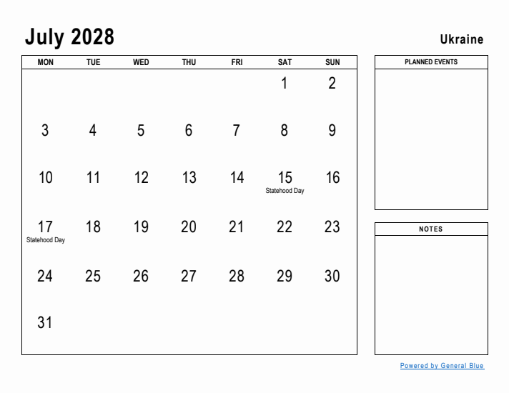 July 2028 Printable Monthly Calendar with Ukraine Holidays