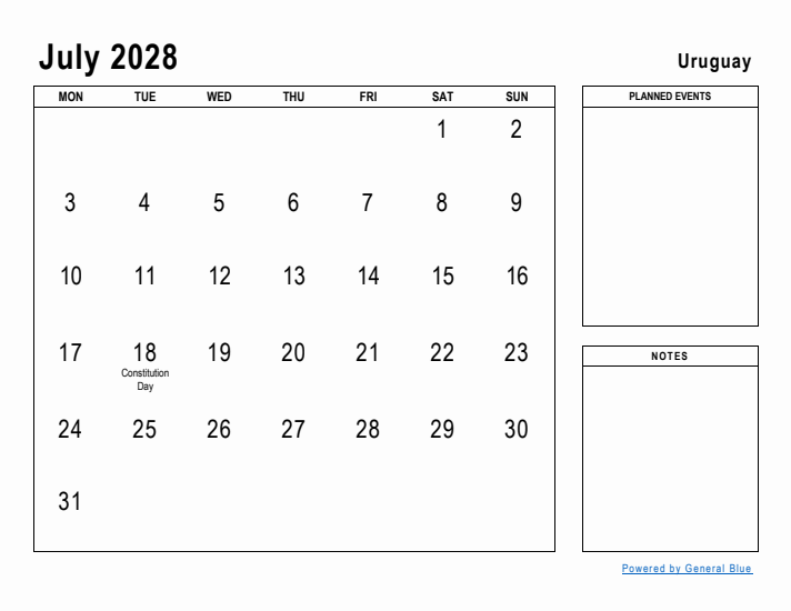 July 2028 Printable Monthly Calendar with Uruguay Holidays