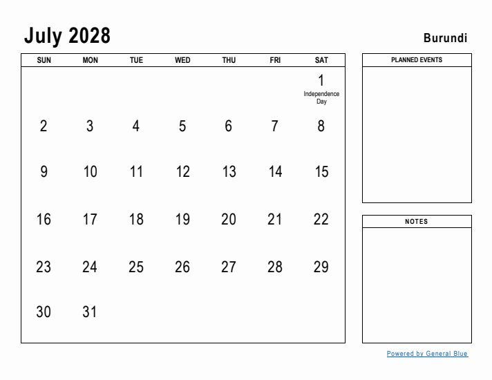 July 2028 Printable Monthly Calendar with Burundi Holidays