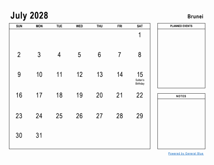 July 2028 Printable Monthly Calendar with Brunei Holidays