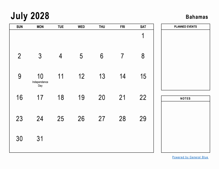 July 2028 Printable Monthly Calendar with Bahamas Holidays