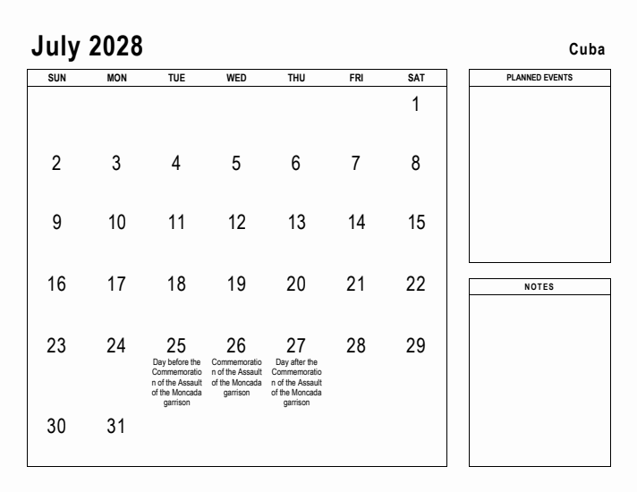 July 2028 Printable Monthly Calendar with Cuba Holidays