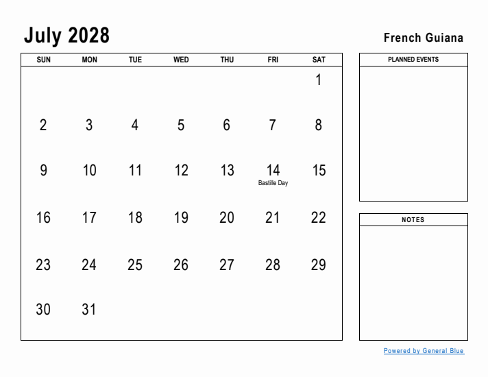 July 2028 Printable Monthly Calendar with French Guiana Holidays