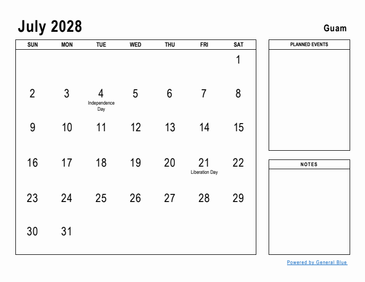 July 2028 Printable Monthly Calendar with Guam Holidays