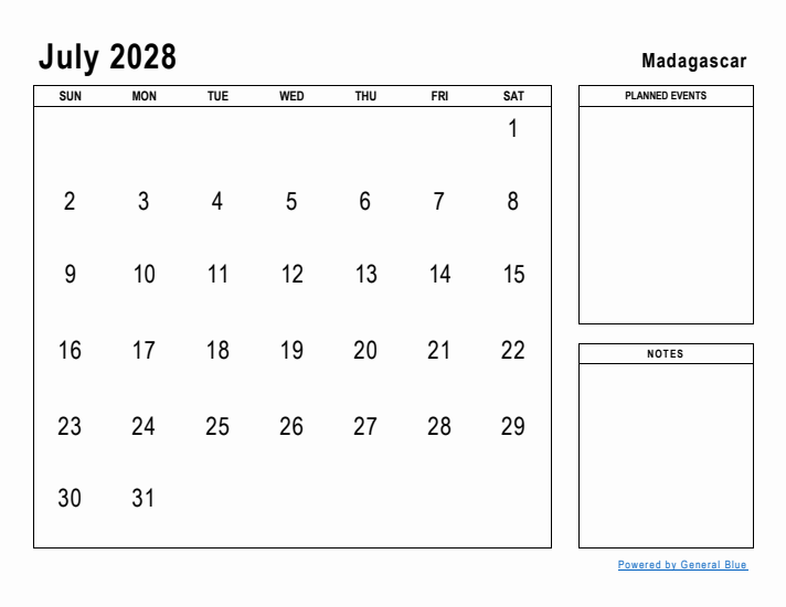 July 2028 Printable Monthly Calendar with Madagascar Holidays