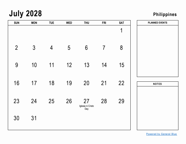 July 2028 Printable Monthly Calendar with Philippines Holidays