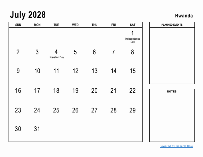 July 2028 Printable Monthly Calendar with Rwanda Holidays