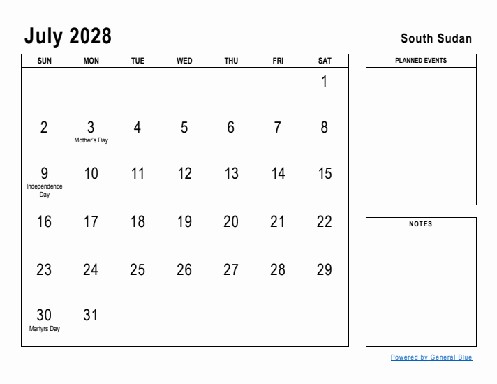 July 2028 Printable Monthly Calendar with South Sudan Holidays