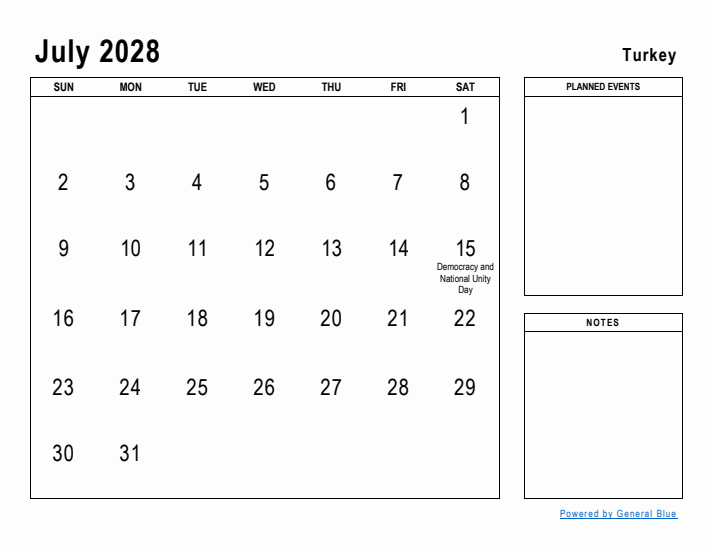 July 2028 Printable Monthly Calendar with Turkey Holidays