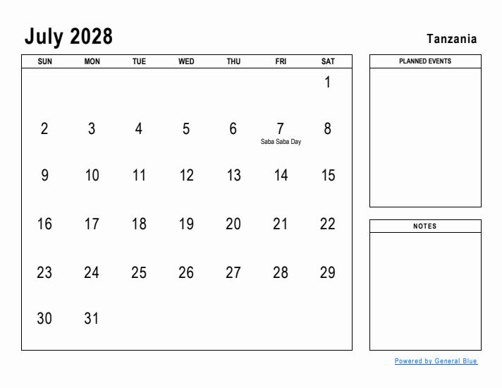 July 2028 Printable Monthly Calendar with Tanzania Holidays