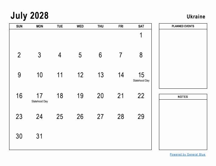 July 2028 Printable Monthly Calendar with Ukraine Holidays