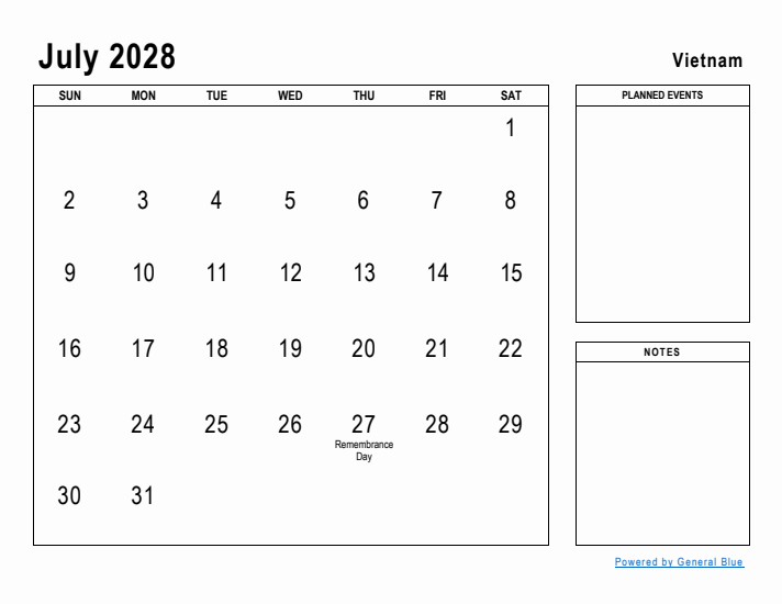 July 2028 Printable Monthly Calendar with Vietnam Holidays