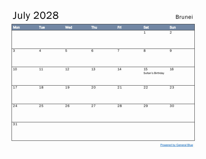 July 2028 Simple Monthly Calendar for Brunei