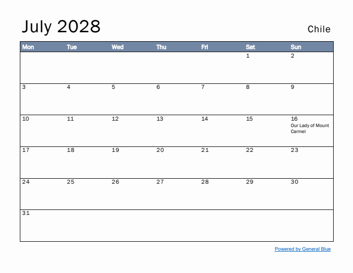 July 2028 Simple Monthly Calendar for Chile