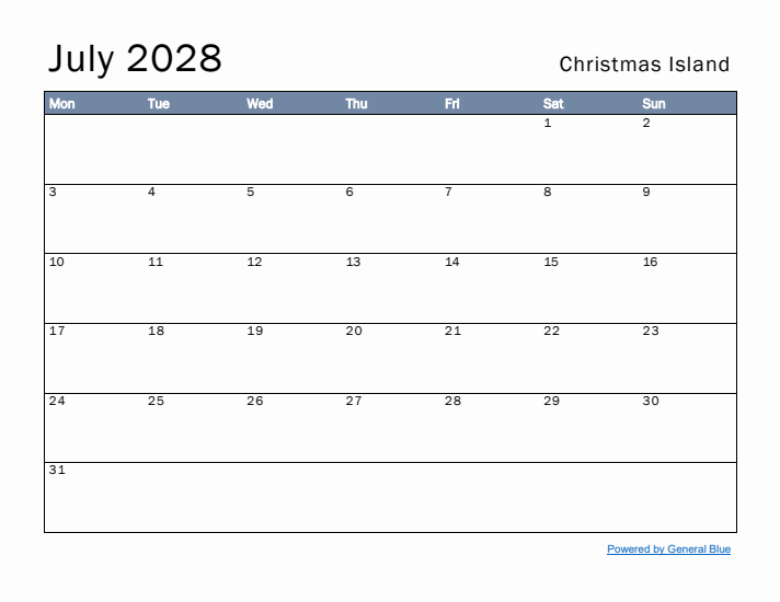 July 2028 Simple Monthly Calendar for Christmas Island