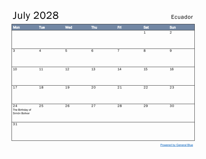 July 2028 Simple Monthly Calendar for Ecuador