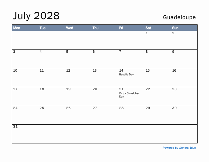 July 2028 Simple Monthly Calendar for Guadeloupe