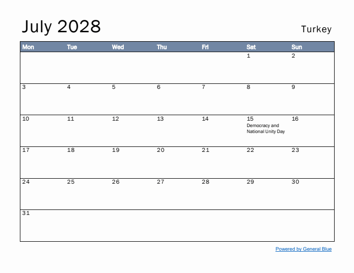 July 2028 Simple Monthly Calendar for Turkey