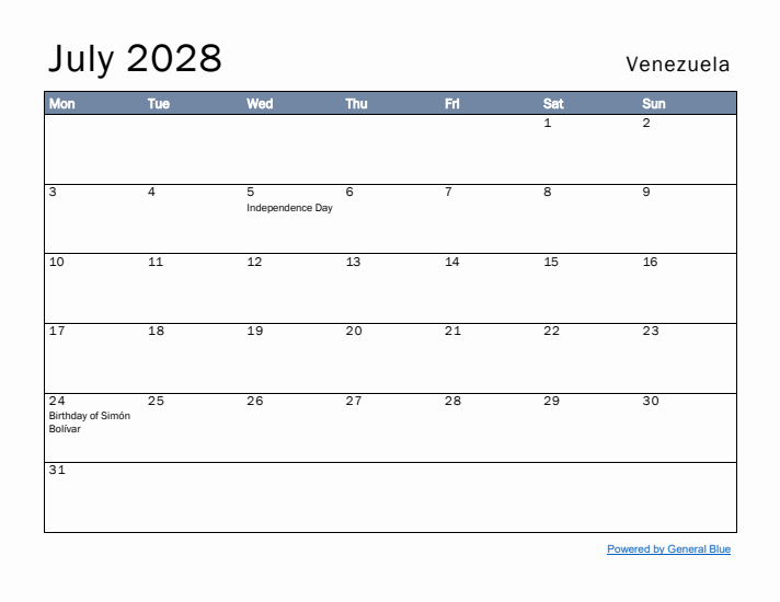 July 2028 Simple Monthly Calendar for Venezuela