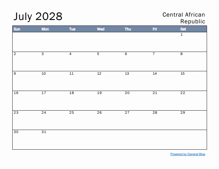 July 2028 Simple Monthly Calendar for Central African Republic