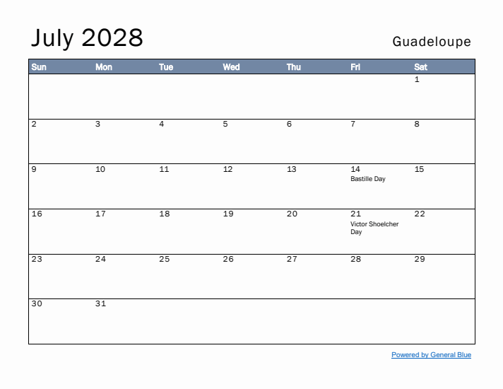 July 2028 Simple Monthly Calendar for Guadeloupe