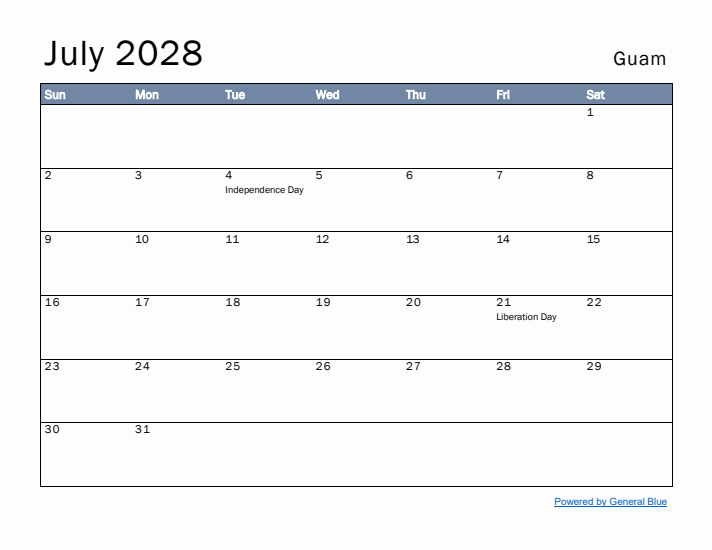 July 2028 Simple Monthly Calendar for Guam