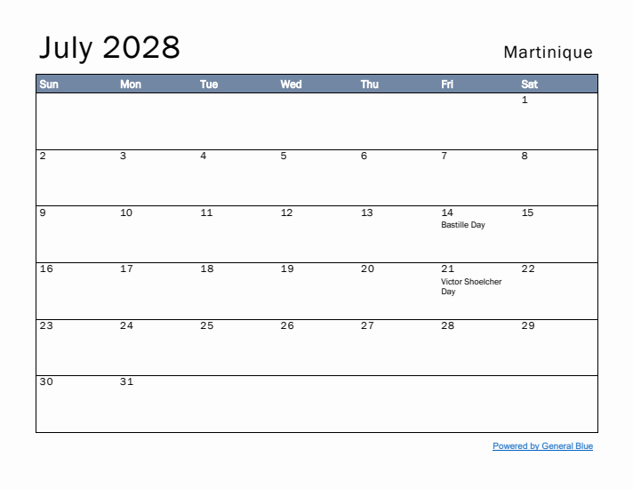 July 2028 Simple Monthly Calendar for Martinique