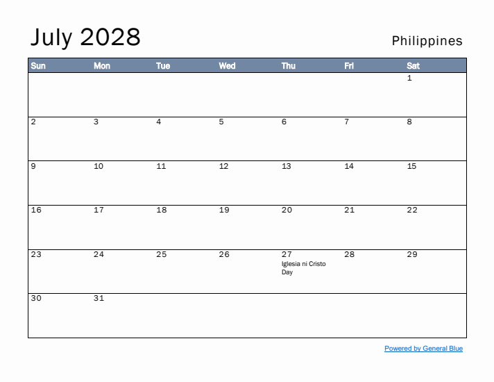 July 2028 Simple Monthly Calendar for Philippines