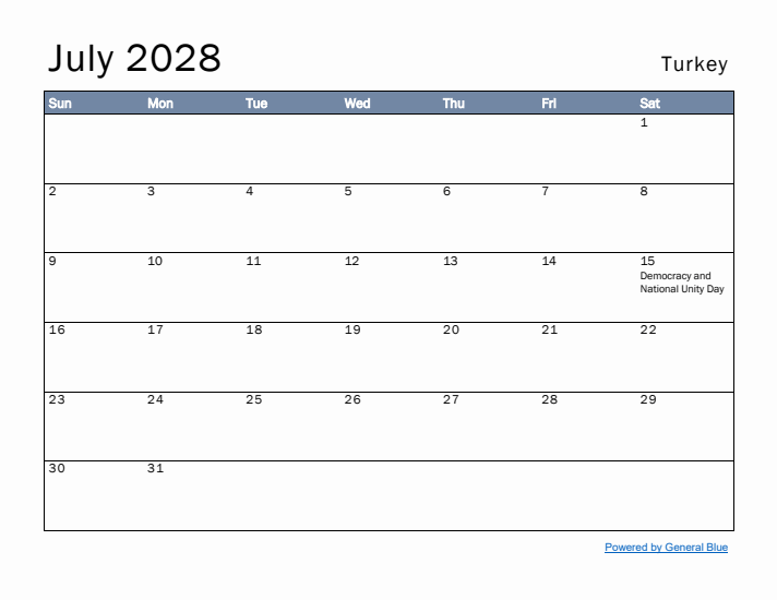 July 2028 Simple Monthly Calendar for Turkey