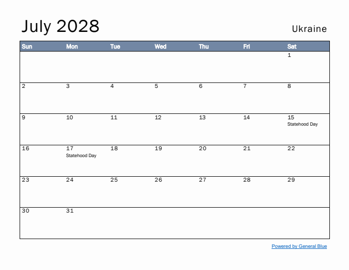 July 2028 Simple Monthly Calendar for Ukraine