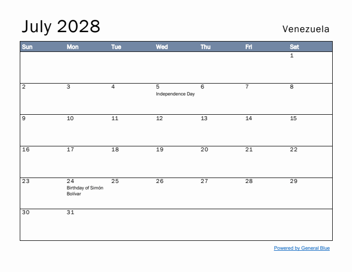 July 2028 Simple Monthly Calendar for Venezuela