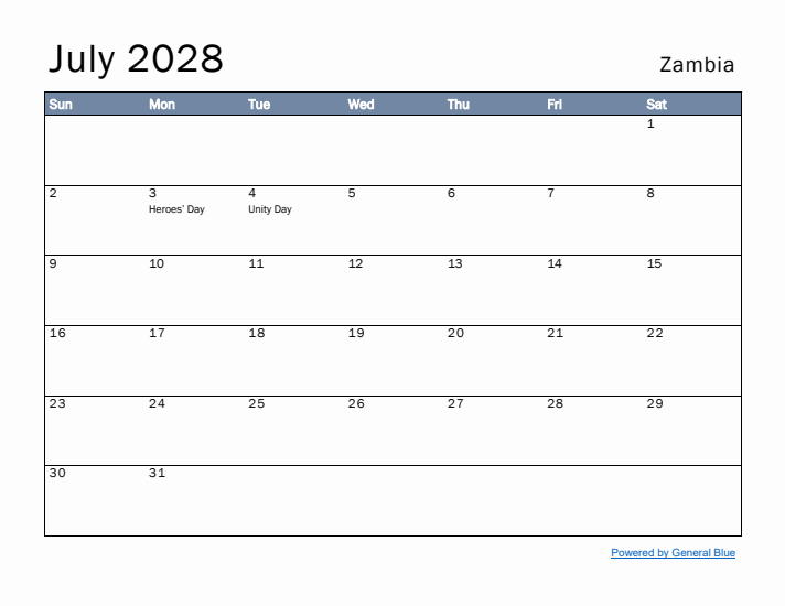 July 2028 Simple Monthly Calendar for Zambia