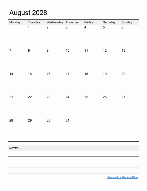 Basic Monthly Calendar Template for August 2028