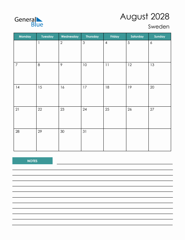 Calendar with Notes Printable - Monday Start