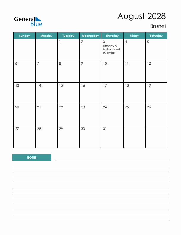 Calendar with Notes Printable - Sunday Start