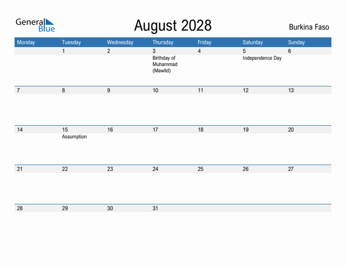 Fillable August 2028 Calendar