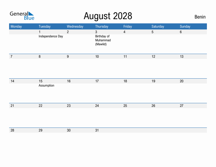 Fillable August 2028 Calendar