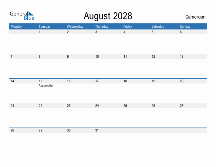 Fillable August 2028 Calendar