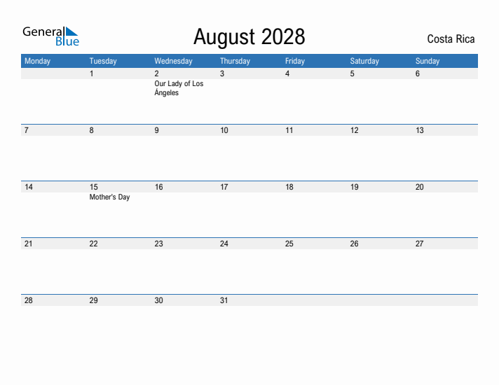 Fillable August 2028 Calendar