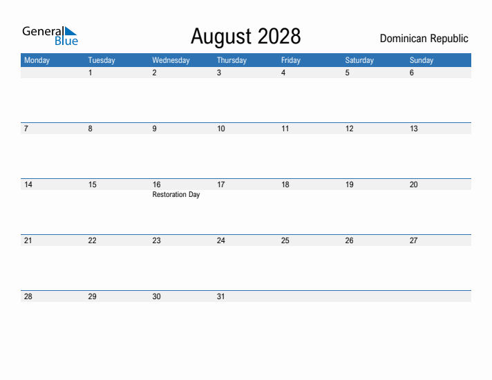 Fillable August 2028 Calendar